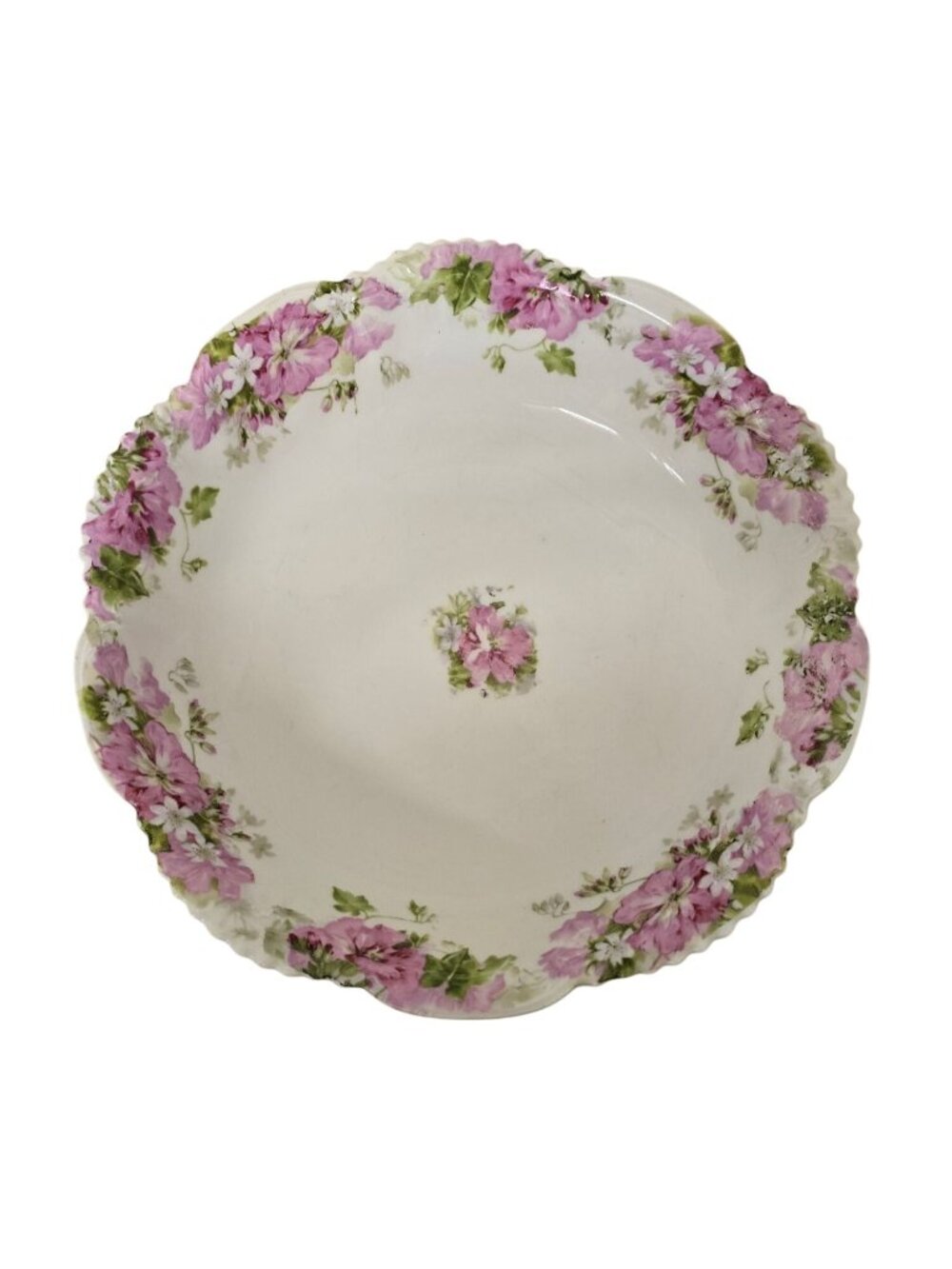 Antique Porcelain Serving Bowl Pink Floral Design & Scalloped Edges